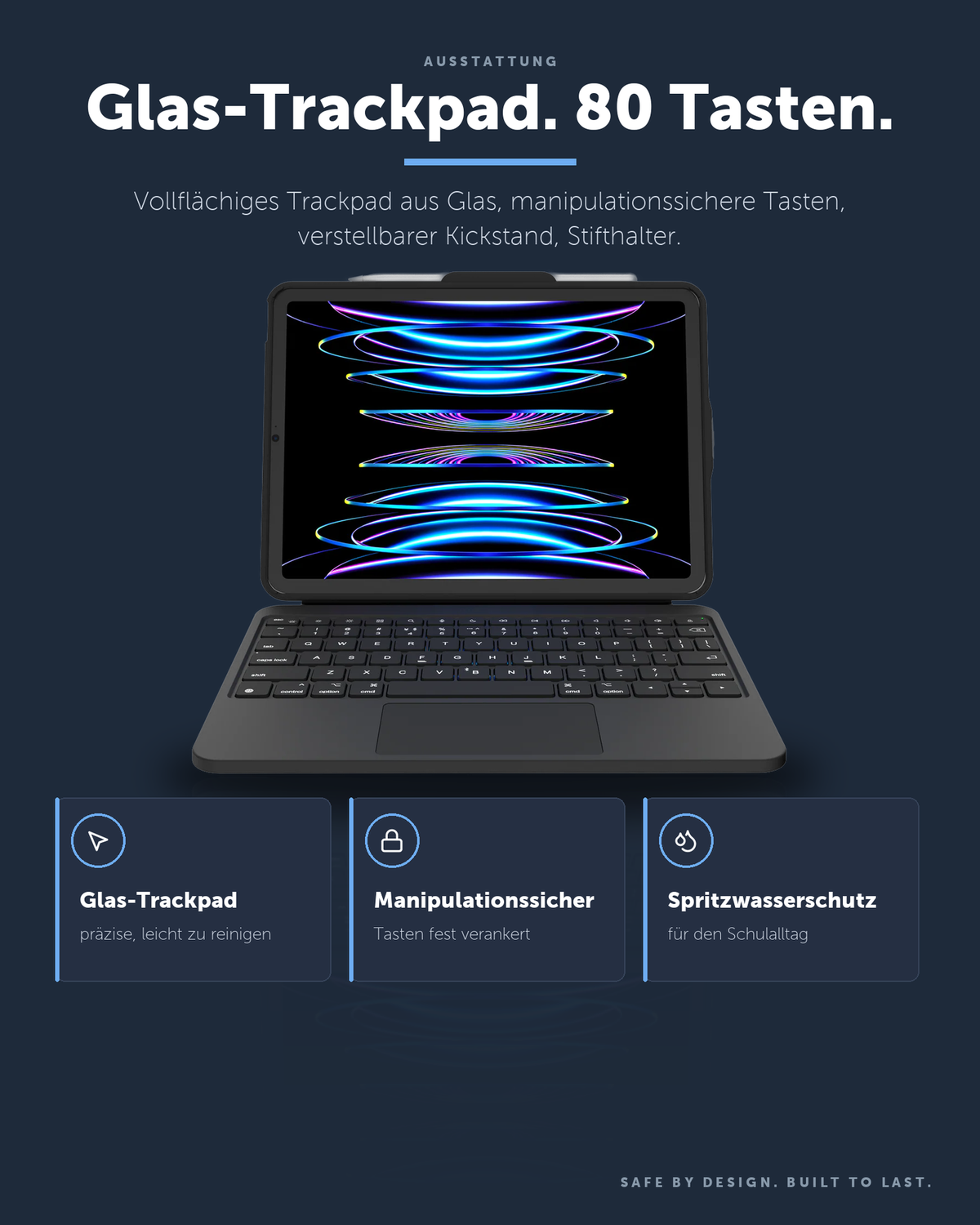 DEQSTER Prime Keyboard, iPad 10. Gen. / A16 – Glas-Trackpad. 80 Tasten.
