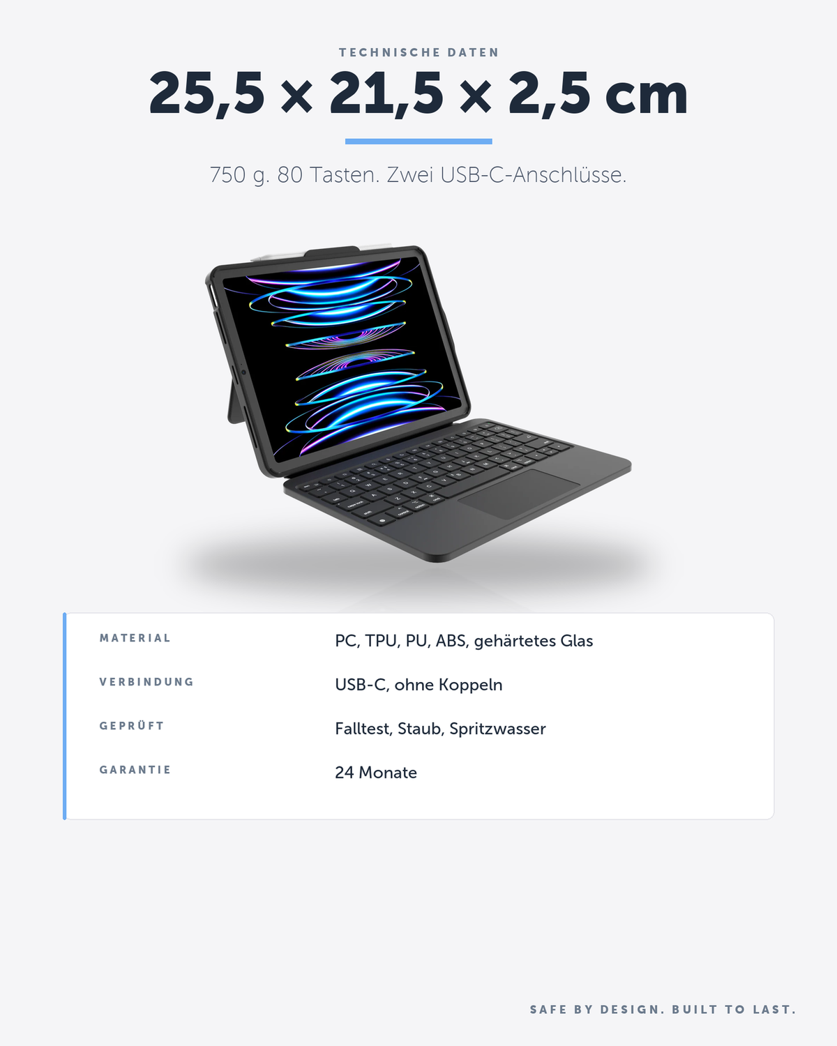 DEQSTER Prime Keyboard, iPad 10. Gen. / A16 – 25,5 × 21,5 × 2,5 cm