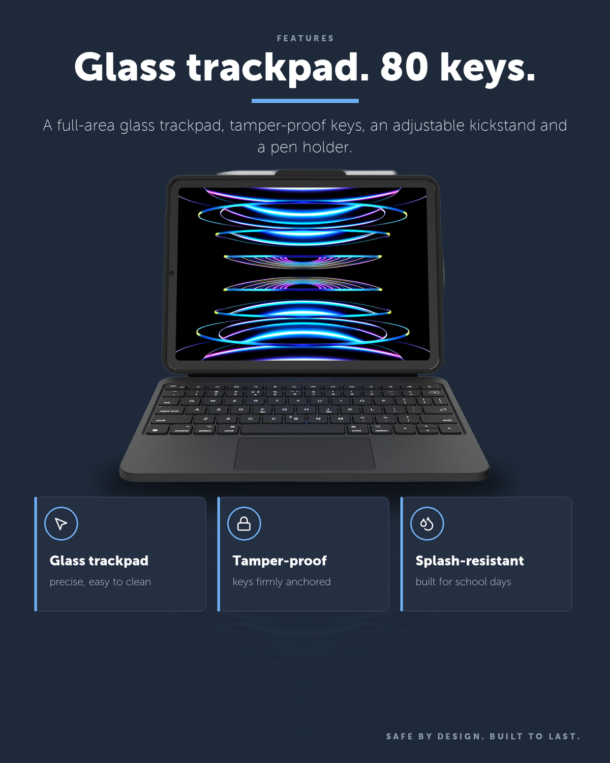 DEQSTER Prime Keyboard, iPad 10th Gen. / A16 – Glass trackpad. 80 keys.