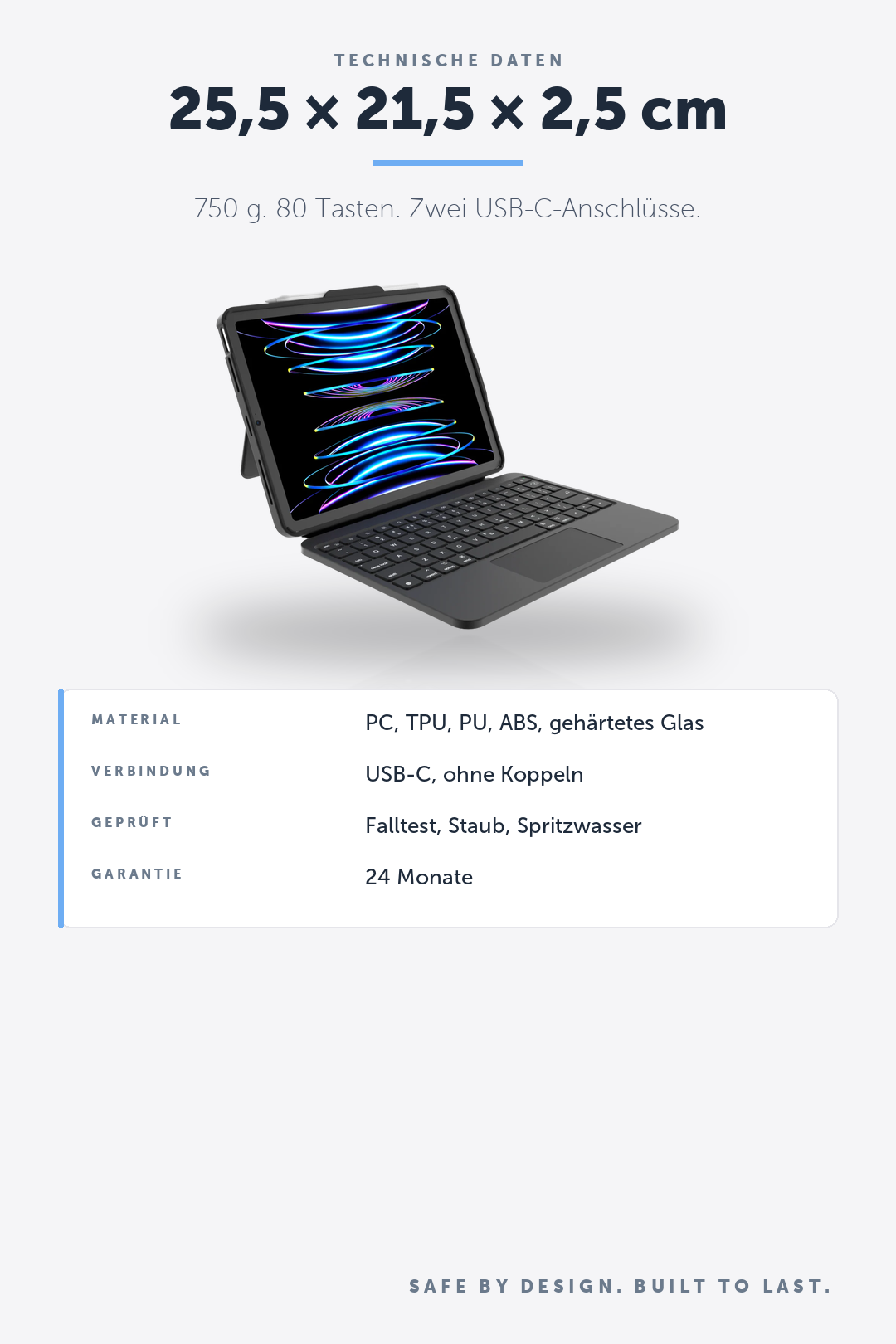 DEQSTER Prime Keyboard, iPad 10. Gen. / A16 – 25,5 × 21,5 × 2,5 cm