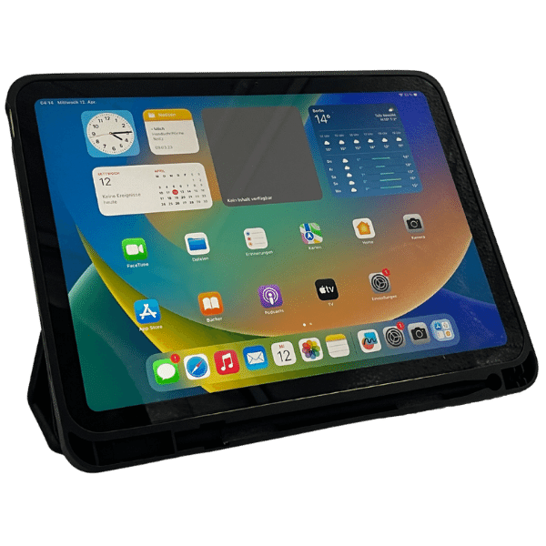 DEQSTER Slim Case, iPad Schutzhülle, magnetischer Trifold-Stand, halbfrontal offen