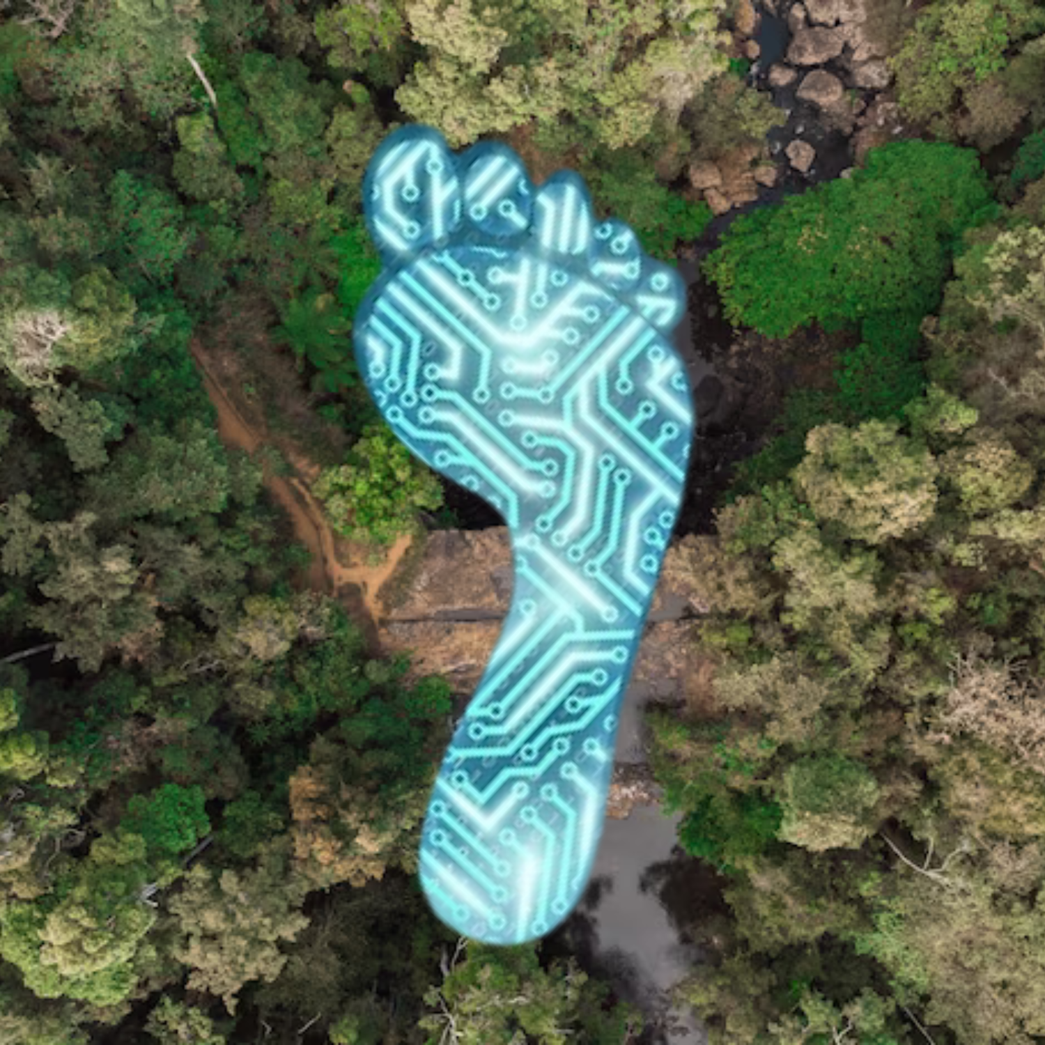 Digitaler Fußabdruck frontal von oben, im Hintergrund Wald