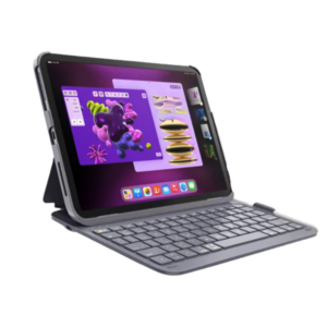 Deqster Slim Pro Keyboard, offen aufgestellt, mit Tablet, iPad Schutzhülle mit Tastatur